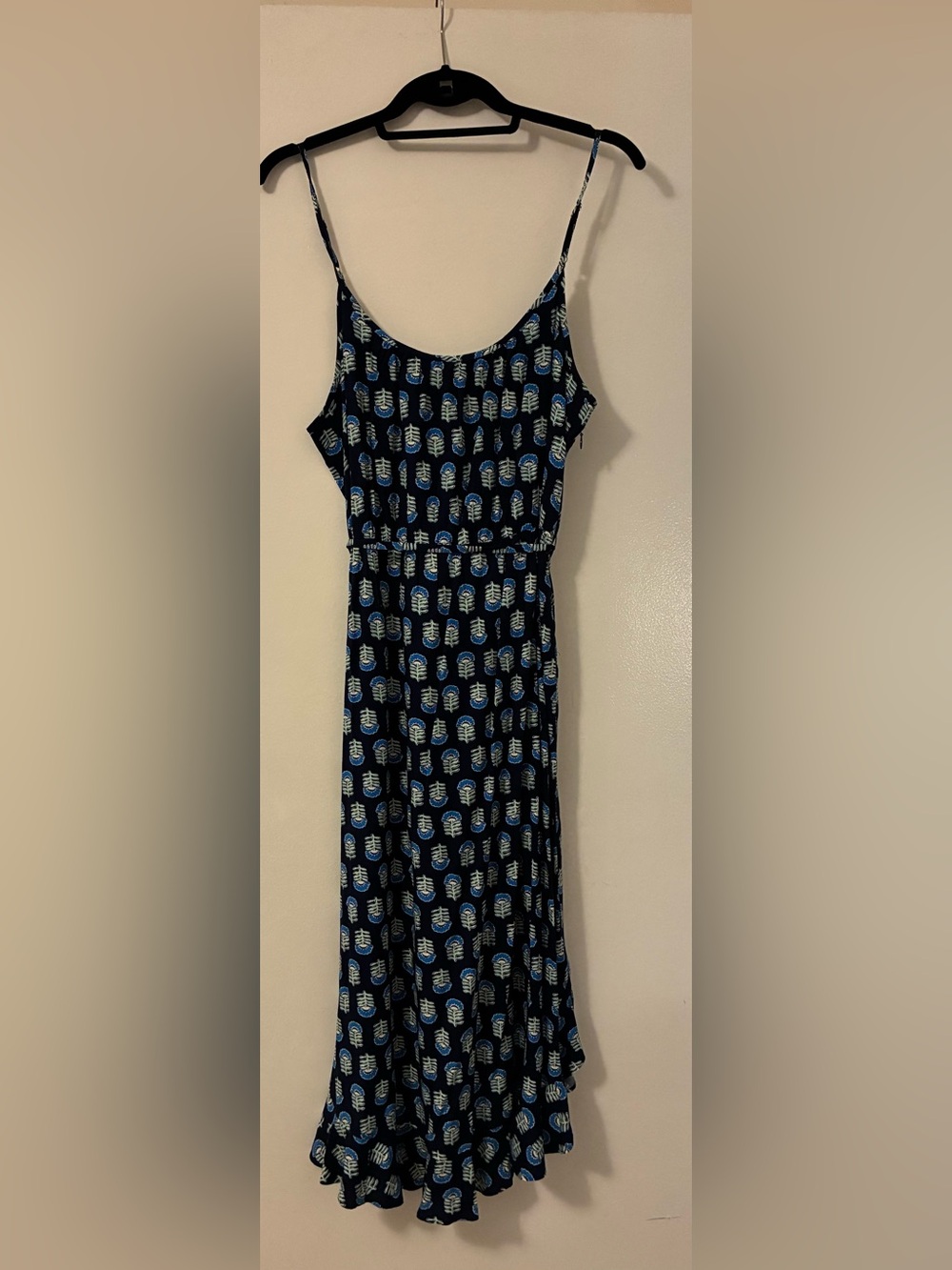 J. Crew Factory Navy Blue Sleeveless Midi Dress with Blue and White Leaf Print